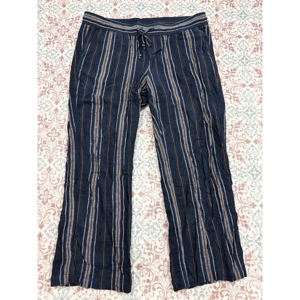 Ann Taylor Factory Navy Blue Striped Linen Blend Drawstring Crop Pants Large